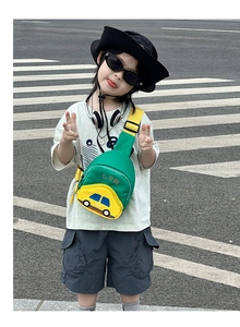 Kids car-themed chest bag with green and yellow contrast design and adjustable strap