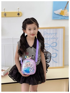 Detail of Elsa and Olaf frozen themed purple sequin mini crossbody bag for girls