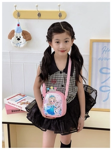 Pink sequin crossbody bag for kids with Elsa character and crown fur ball detail