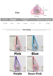Size chart showing adjustable PU leather crossbody bag with cute cartoon prints in 4 colors
