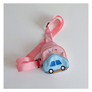 Detail of pink cartoon car chest bag for kids with adjustable strap and contrast pocket