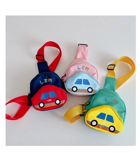 Detailed view of three colorful cartoon car kids chest bags with adjustable black straps