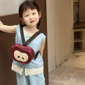 Mini apple shaped red PU leather backpack for kids with adjustable brown strap
