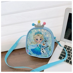 Detail view of Frozen themed sequin crossbody bag with Elsa print and colorful pom poms