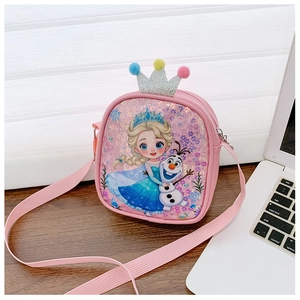 Close-up of pink sequin girls' crossbody bag featuring Elsa and Olaf graphics
