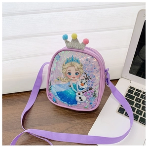 Close-up of purple sequin crossbody bag featuring Elsa cartoon and colorful pom-poms