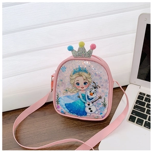 Detail of pink Frozen themed girl's crossbody bag with sequins and glitter crown