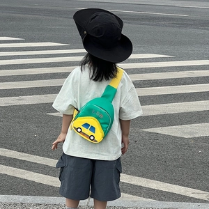 Cute car-themed kids chest bag in green and yellow color block for boys and girls