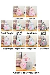 Detailed comparison of sizes and colors for plaid backpacks with cute bows for kids