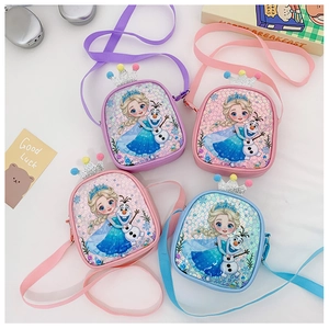 Detail of four colorful Elsa and Olaf sequins mini crossbody bags for girls in various colors