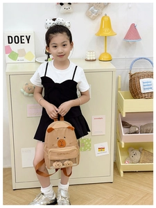 Detail of cute khaki capybara backpack with transparent window and cartoon ears