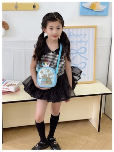 Close-up of blue sequin kids crossbody bag featuring cartoon bears and a silver crown