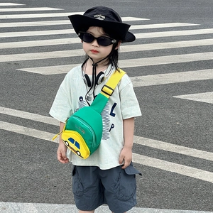 Green and yellow cartoon car crossbody chest bag for kids with adjustable strap