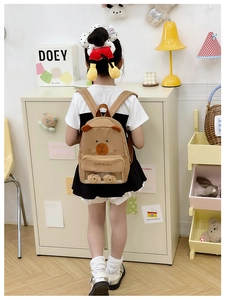 Detail view of the cute capybara backpack featuring a transparent window and plush balls