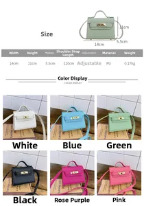Detailed size chart and multi-color selection of mini crossbody PU leather bags for children
