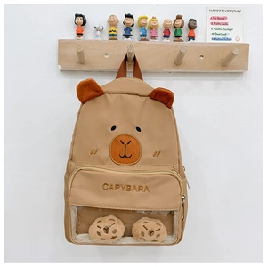 Close-up of brown capybara backpack with 3D ears, embroidery, and a transparent pocket