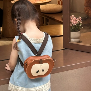 Mini apple shaped toddler backpack in brown leather with adjustable shoulder straps