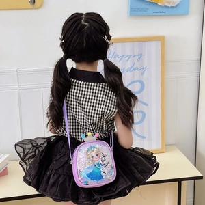 Purple Frozen Elsa sequin crossbody bag for girls with colorful pompom crown decoration