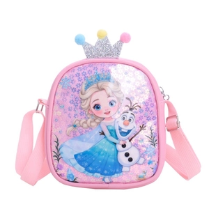 Pink Frozen Elsa sequin girls crossbody bag with crown and fluffy pom pom decor