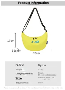 Macro view of a yellow nylon crescent bag with dimensions 32x17x11cm and letter logo