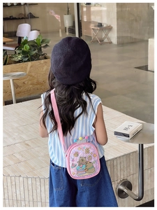 Pink glitter crossbody bag for girls with cute cartoon bear print and crown detail