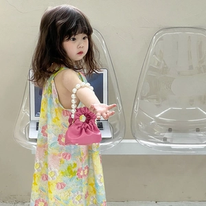 Cute pink mini handbag for kids with pearl handle and stylish pleated cloud design