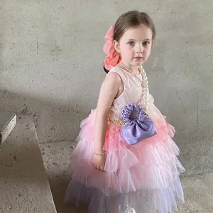 Sweet pink purple gradient tulle tutu dress for girls with pearl strap bucket bag