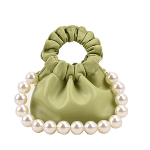 Light green pleated mini bucket bag for girls with decorative large pearl handle strap