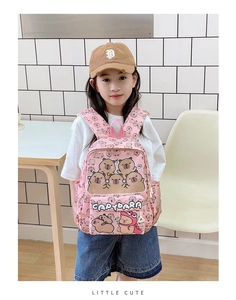 Pink toddler backpack featuring cute Capybara cartoon prints and front zipper pocket