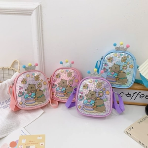 Cute Cartoon Bear Kids Shoulder Bag PU Leather Sequin Crown Crossbody Bag For Little Girls