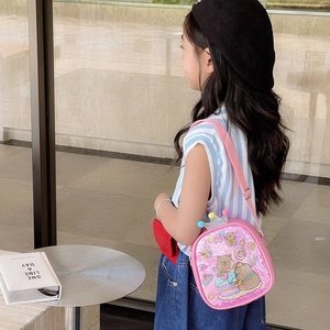 Pink glitter PVC crossbody bag for kids with cute cartoon bear print and crown decor