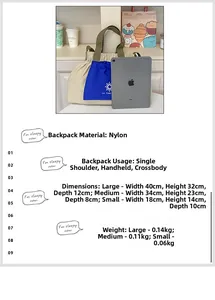Size comparison of nylon tote bags in three dimensions with tablet for scale