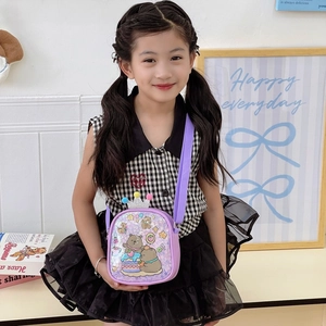 Cute purple Capybara crossbody bag for kids featuring cartoon prints and crown detail