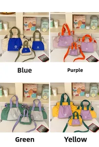 Detailed set of colorful nylon drawstring bags in blue, purple, green, and yellow variants