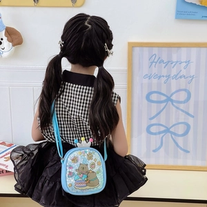 Cute light blue kids crossbody bag featuring cartoon bear prints and a sequin crown decor