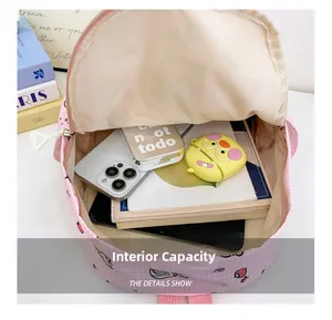 Macro view of strawberry backpack interior showing space for phone and stationery
