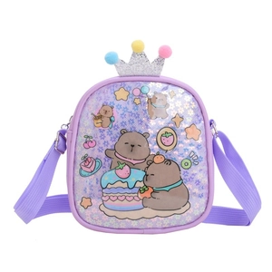 Purple glitter kids crossbody bag with cute cartoon bear print and crown decor