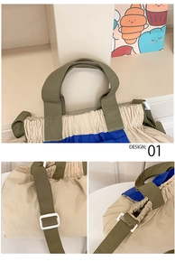 Detail of color-block kids shoulder bag featuring drawstring closure and adjustable strap