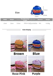 Size chart for cartoon burger shoulder bag with PVC dimensions and four colors options