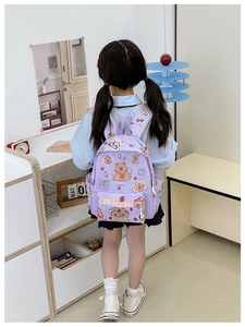 Lightweight purple plaid kids backpack featuring cute capybara cartoon prints for school