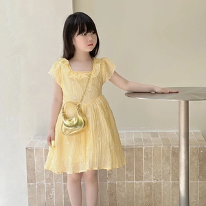 Robe à fleurs jaune pour filles avec col à volants et mini sac à main doré à chaîne