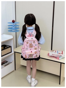 Pink checkered kids backpack with cute Capybara print and functional front zipper pocket