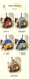 Detail of children's backpack with 3D construction vehicle design and plush charm