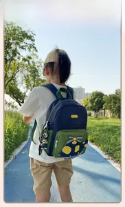 Detail view of cartoon helicopter embroidery on durable kids nylon school backpack