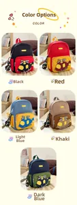 Multiple colors of kids helicopter backpacks including red blue and khaki styles