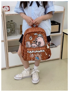 Detail view of a brown kids backpack featuring cute Capybara patterns and a zip pocket