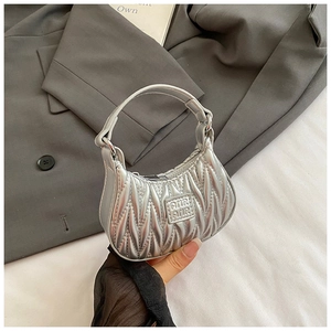 Macro shot of silver pleated mini bag with metallic texture and brand logo plate