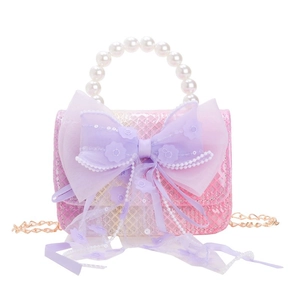 Mädchen Handtasche mit Pailletten, Perlengriff, Tüllschleife und Goldkette