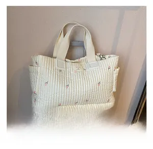Detail der gesteppten beigen Wickeltasche mit Blumenstickerei auf Silberkoffer