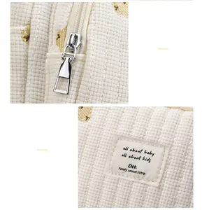 Détail du tissu gaufré matelassé et de la fermeture éclair en métal du sac à langer